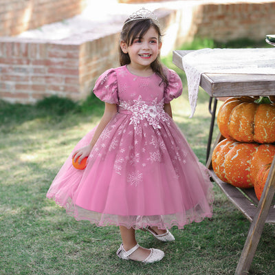 Ball Gown Scoop Short Sleeves Tea-Length Christmas Dresses for Girls with Appliques & Beading