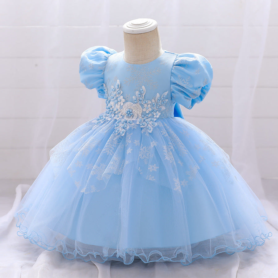 Ball Gown Scoop Short Sleeves Tea-Length Christmas Dresses for Girls with Appliques & Beading