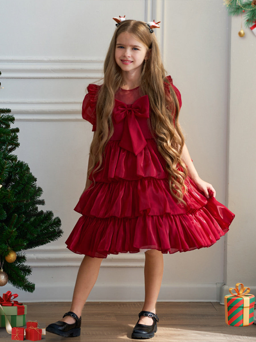 Tiered Ball Gown Scoop Short Sleeves Christmas Dresses with Pleats & Bow(s)