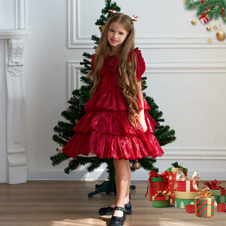 Tiered Ball Gown Scoop Short Sleeves Christmas Dresses with Pleats & Bow(s)