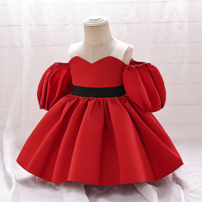 Ball Gown Off-the-Shoulder Short Sleeves Satin Christmas Dresses for Girls with Belt