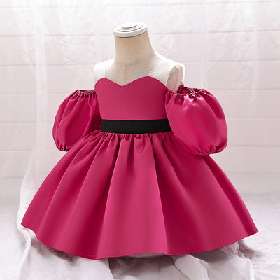 Ball Gown Off-the-Shoulder Short Sleeves Satin Christmas Dresses for Girls with Belt