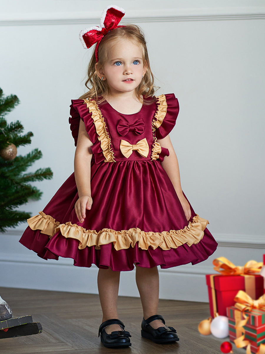 Tiered Ball Gown Scoop Sleeveless Ruched Satin Christmas Dresses with Bow(s)