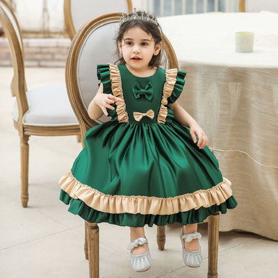 Tiered Ball Gown Scoop Sleeveless Ruched Satin Christmas Dresses with Bow(s)