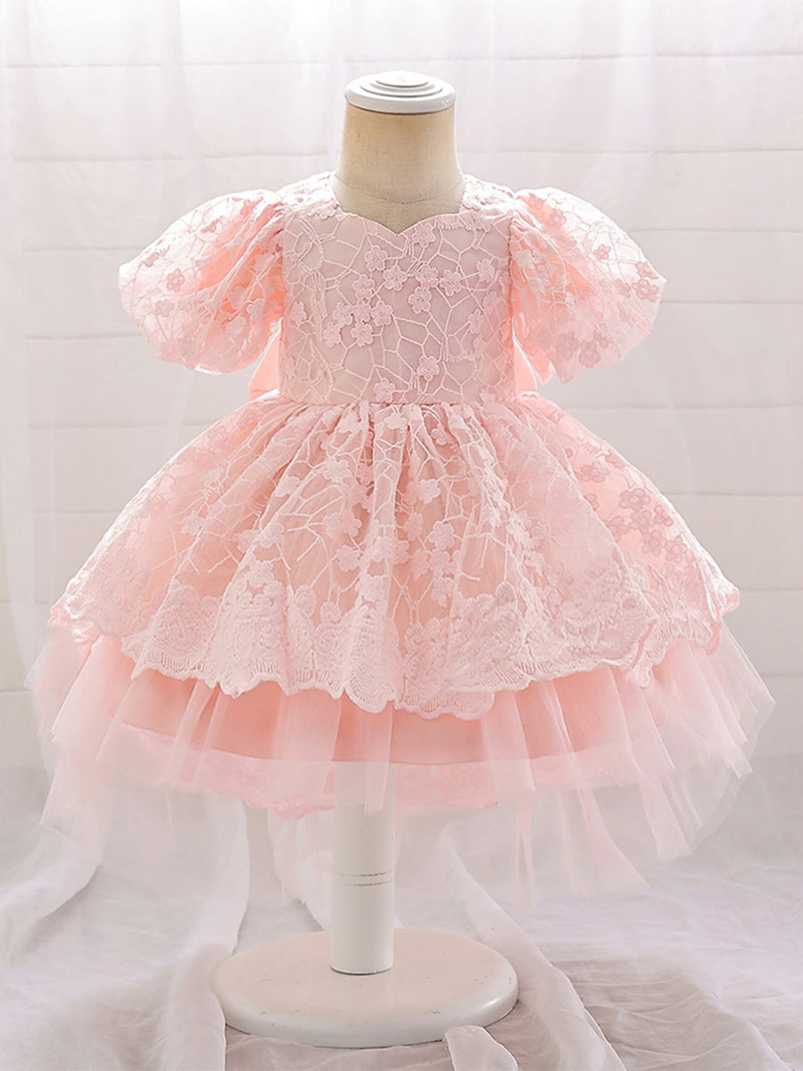 A-Line/Princess Scoop Puff Sleeves Flower Girl Dresses with Applique