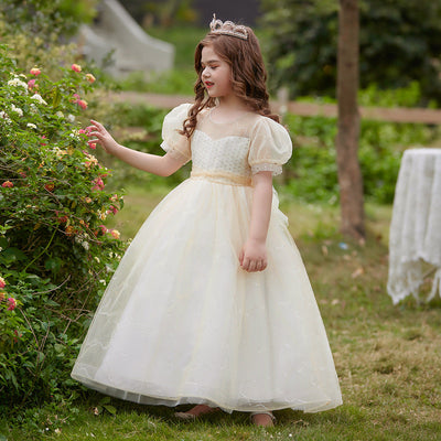 Ball Gown Scoop Puff Sleeves Flower Girl Dresses with Sequins