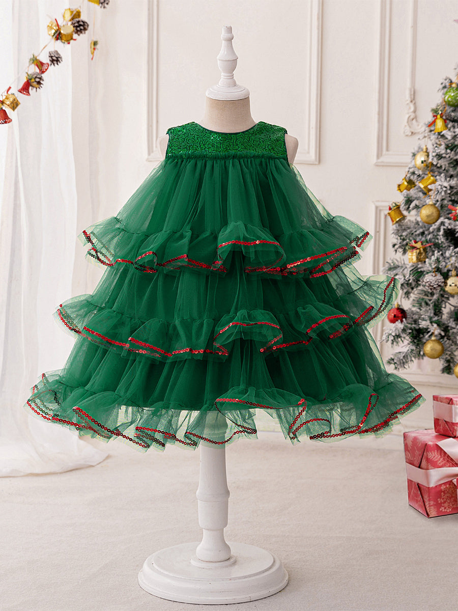 Tiered Ball Gown Scoop Sleeveless Christmas Dresses with Sequins