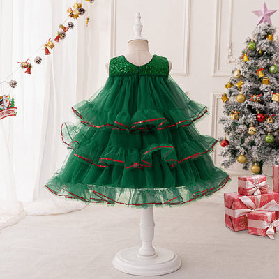 Tiered Ball Gown Scoop Sleeveless Christmas Dresses with Sequins