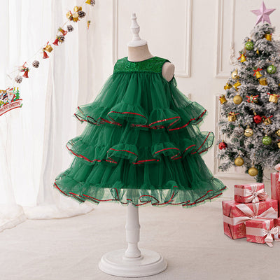 Tiered Ball Gown Scoop Sleeveless Christmas Dresses with Sequins