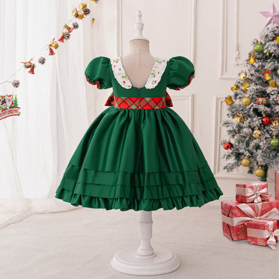 A-Line/Princess Scoop Puff Sleeves Christmas Dresses for Girls with Tiered