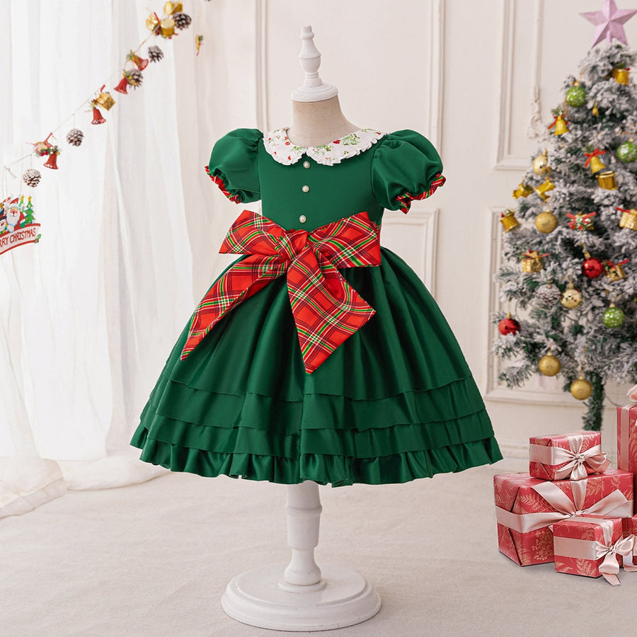 A-Line/Princess Scoop Puff Sleeves Christmas Dresses for Girls with Tiered