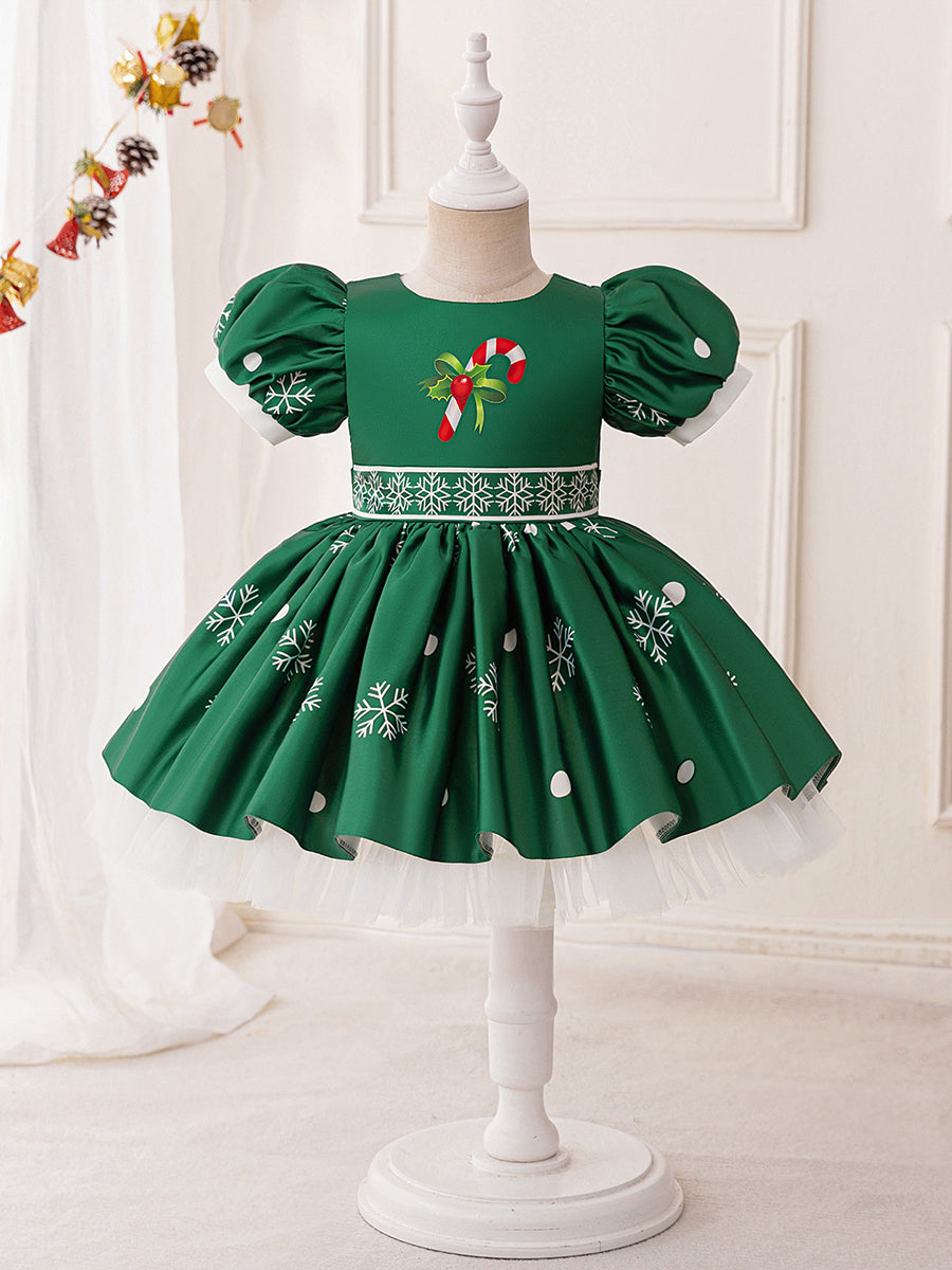 A-Line/Princess Scoop Puff Sleeves Christmas Dresses for Girls with Ruched