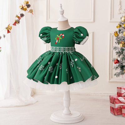 A-Line/Princess Scoop Puff Sleeves Christmas Dresses for Girls with Ruched