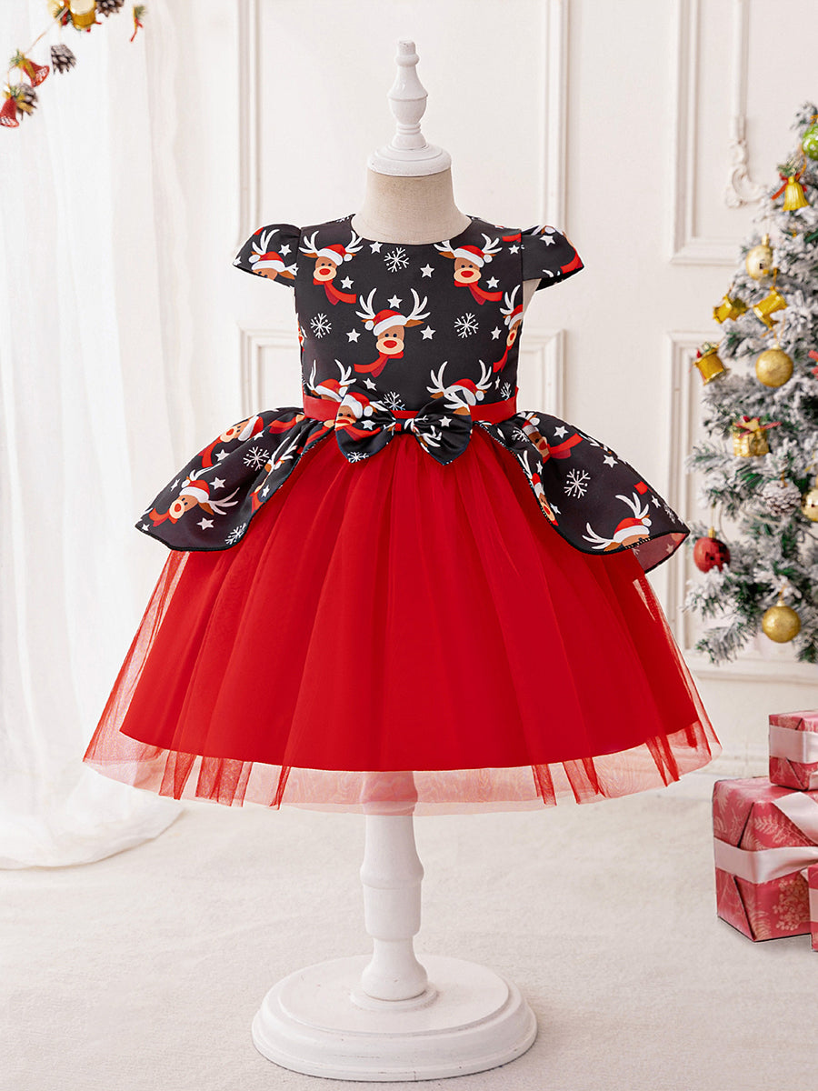 A-Line/Princess Scoop Puff Sleeves Christmas Dresses for Girls with Sash