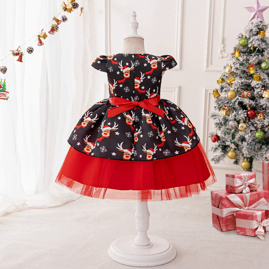 A-Line/Princess Scoop Puff Sleeves Christmas Dresses for Girls with Sash