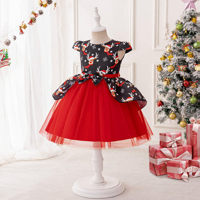 A-Line/Princess Scoop Puff Sleeves Christmas Dresses for Girls with Sash