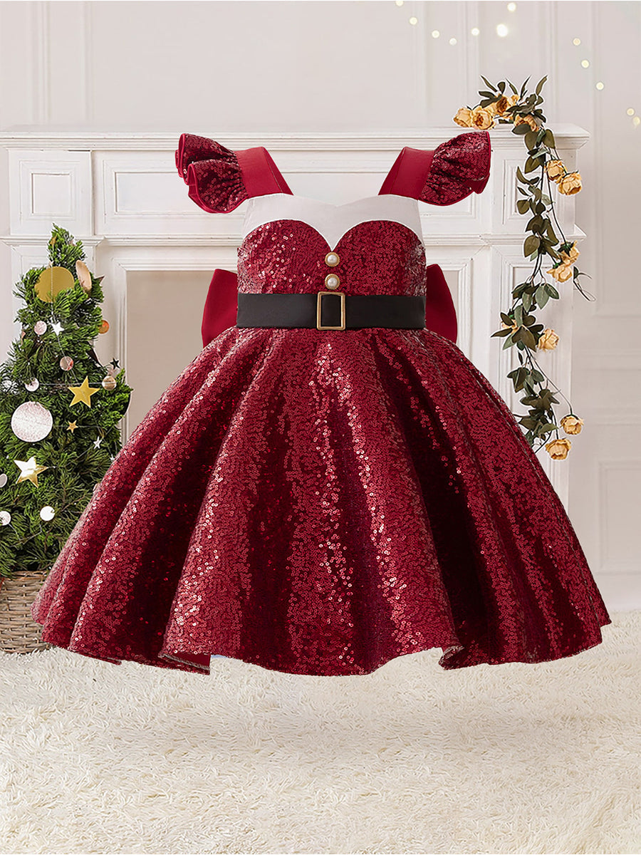 A-Line/Princess Scoop Flying Sleeves Christmas Dresses for Girls with Sash