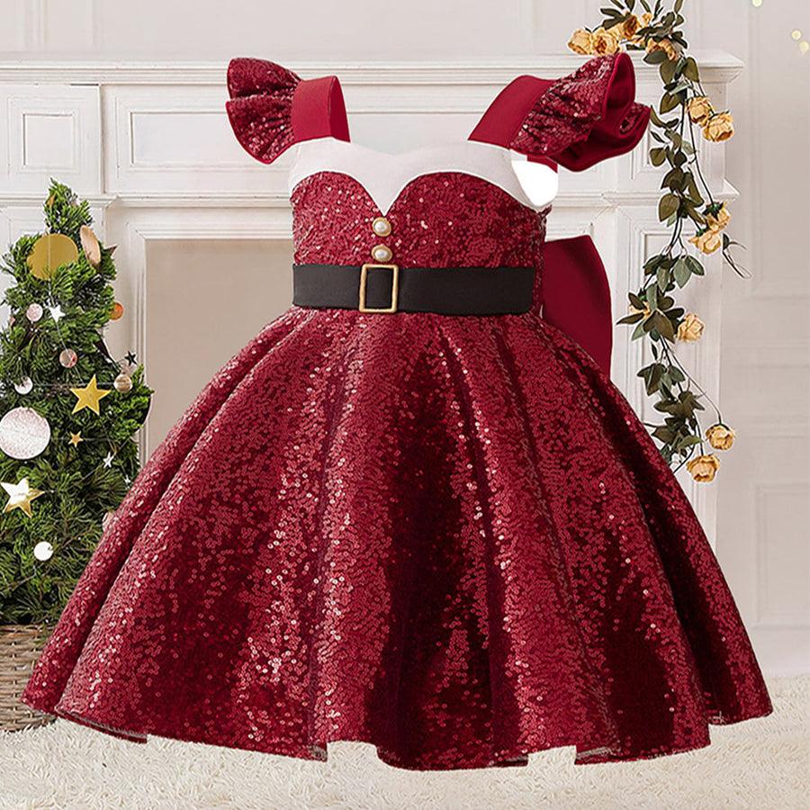 A-Line/Princess Scoop Flying Sleeves Christmas Dresses for Girls with Sash