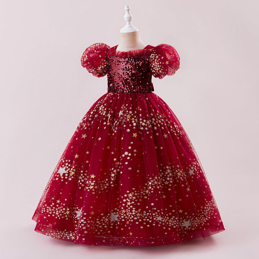 A-Line/Princess Scoop Puff Sleeves Christmas Dresses for Girls with Sequins