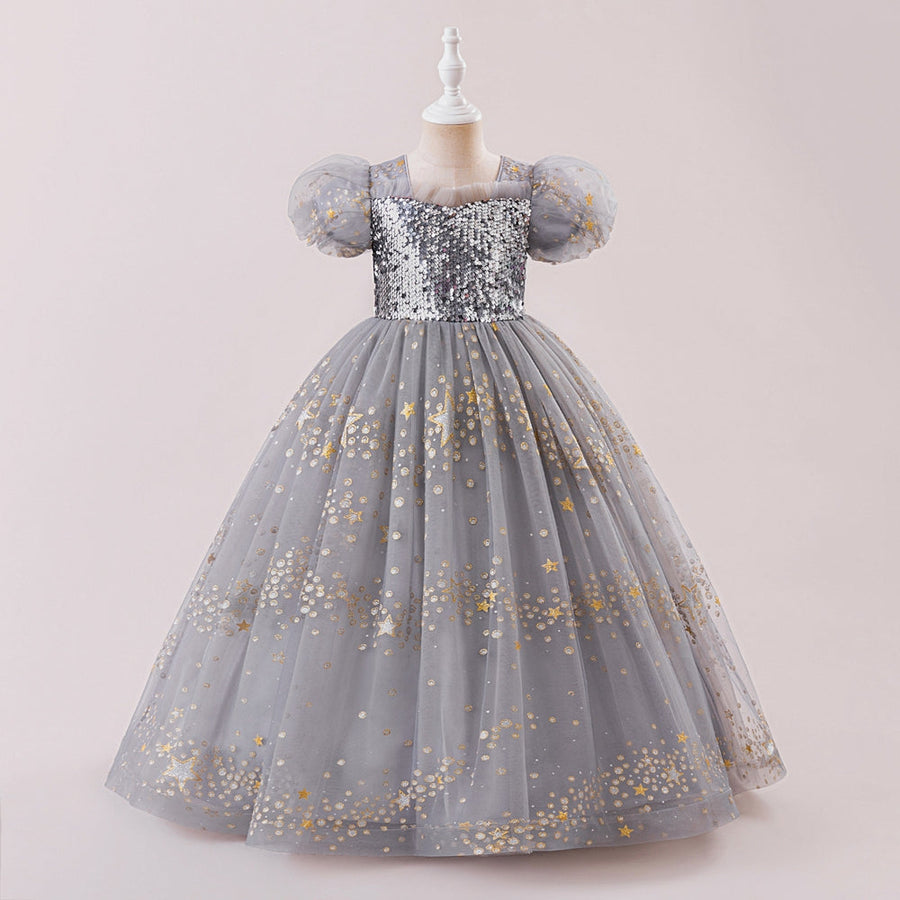 A-Line/Princess Scoop Puff Sleeves Christmas Dresses for Girls with Sequins