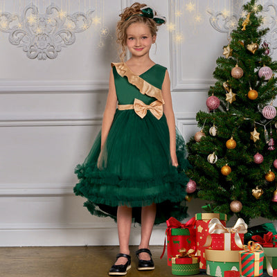 A-Line/Princess V-Neck Sleeveless Christmas Dresses for Girls with Ruffles