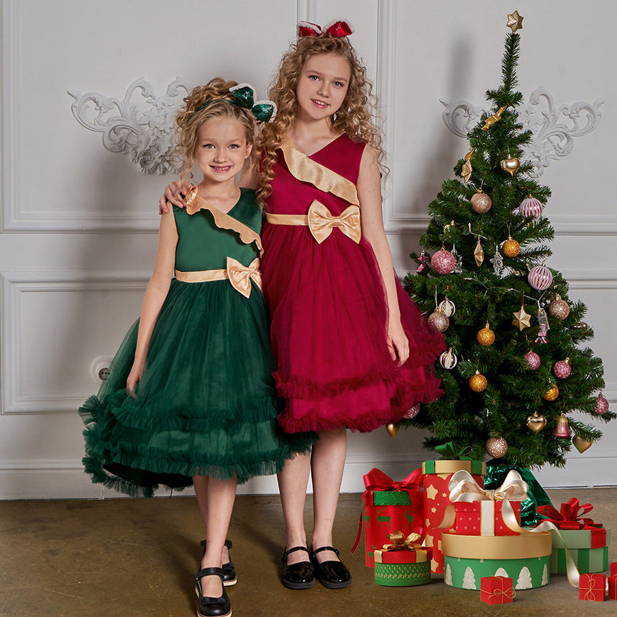 A-Line/Princess V-Neck Sleeveless Christmas Dresses for Girls with Ruffles