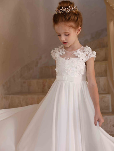 A-Line/Princess Crew Neck Chiffon Flower Girl Dresses with Appliques