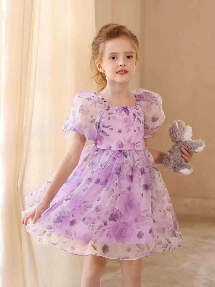 A-Line/Princess Square Neck Printed Floral Flower Girl Dresses with Puff Sleeves