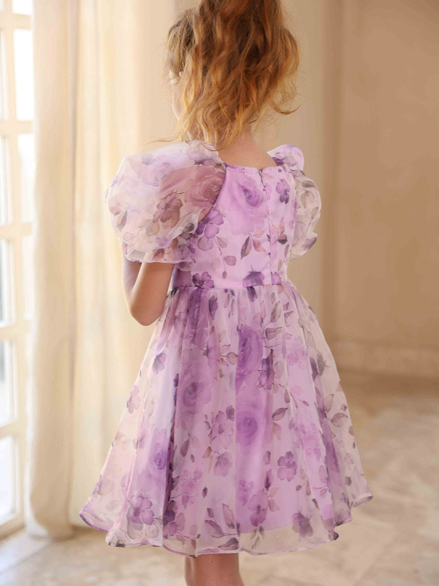 A-Line/Princess Square Neck Printed Floral Flower Girl Dresses with Puff Sleeves