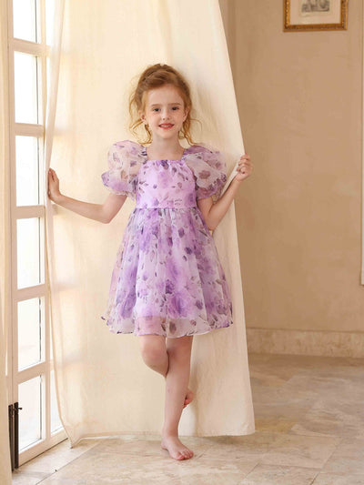 A-Line/Princess Square Neck Printed Floral Flower Girl Dresses with Puff Sleeves