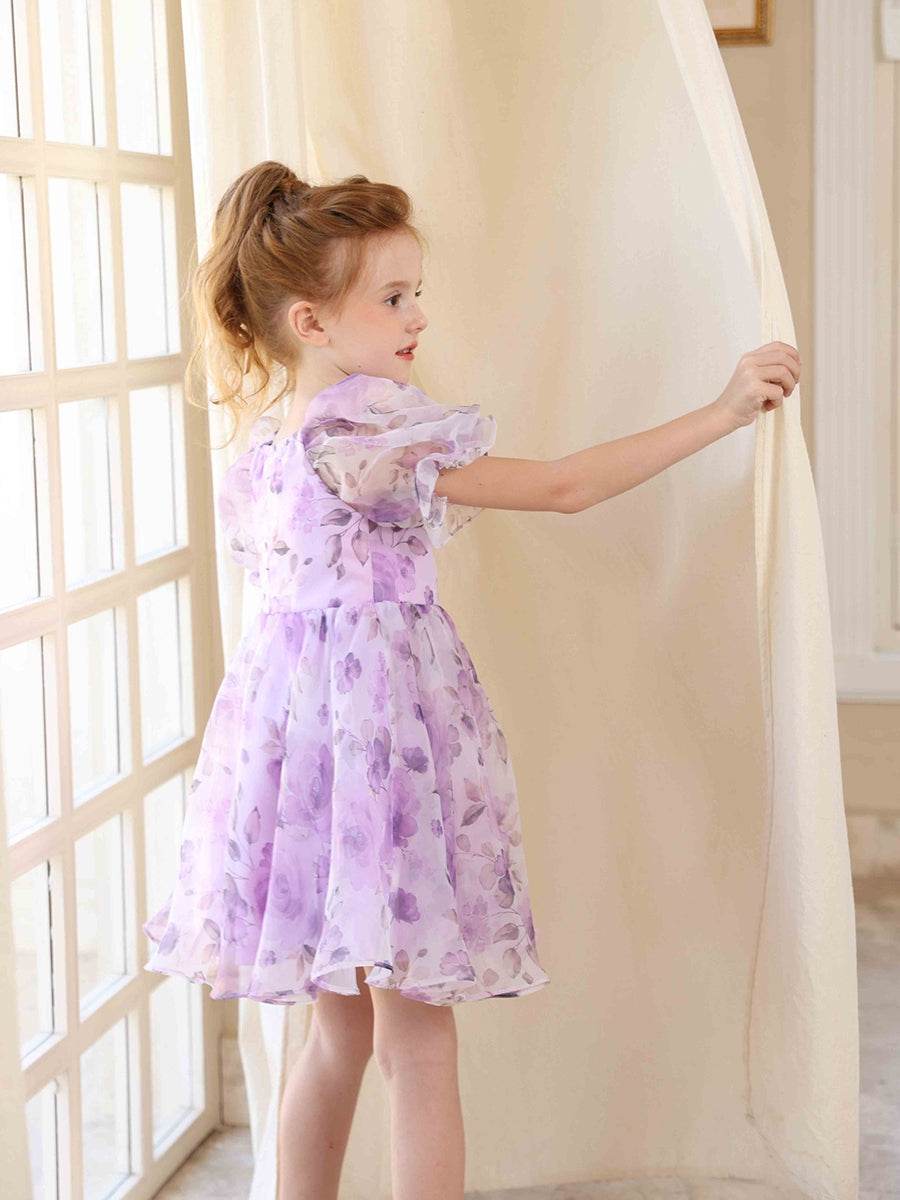 A-Line/Princess Square Neck Printed Floral Flower Girl Dresses with Puff Sleeves