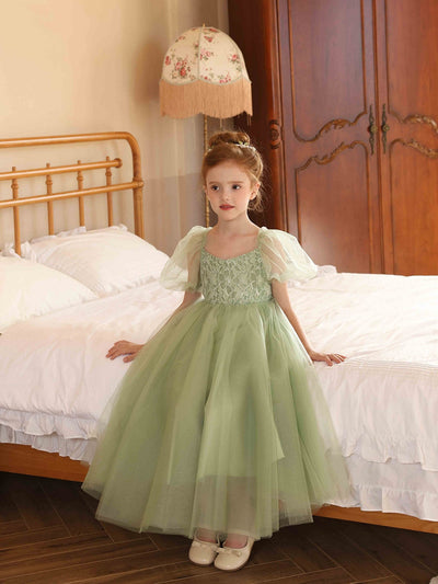 A-Line/Princess V-Neck Puff Sleeves Tulle Flower Girl Dresses