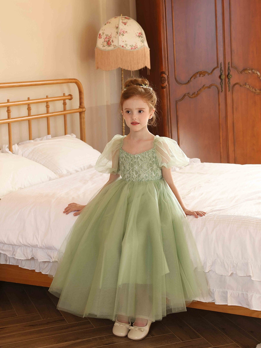 A-Line/Princess V-Neck Puff Sleeves Tulle Flower Girl Dresses