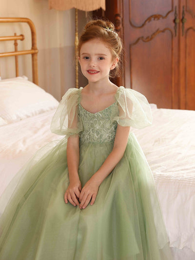 A-Line/Princess V-Neck Puff Sleeves Tulle Flower Girl Dresses