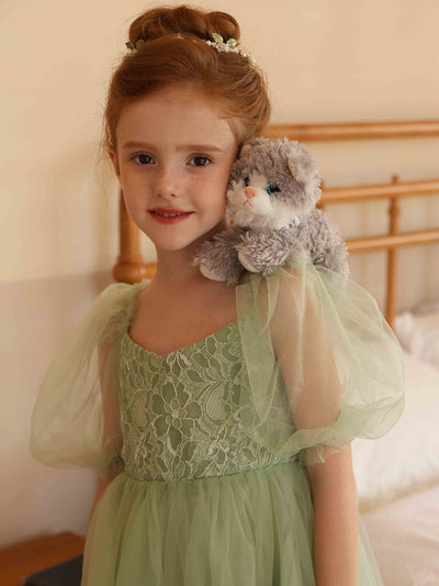 A-Line/Princess V-Neck Puff Sleeves Tulle Flower Girl Dresses