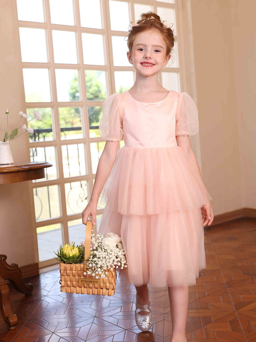 A-Line/Princess Crew Neck Puff Sleeves Tiered Tulle Flower Girl Dresses