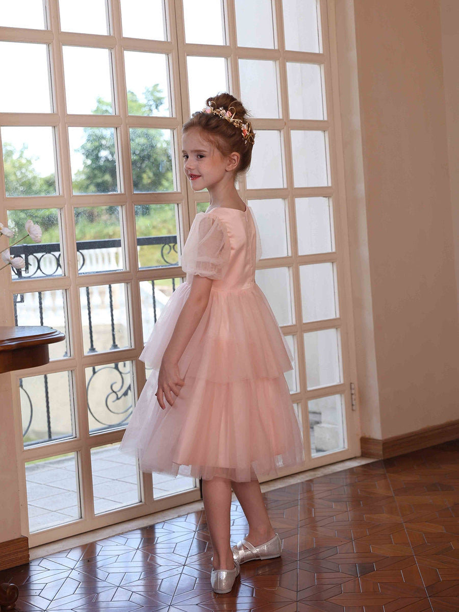 A-Line/Princess Crew Neck Puff Sleeves Tiered Tulle Flower Girl Dresses