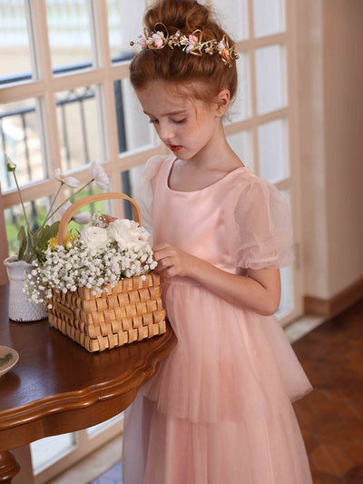 A-Line/Princess Crew Neck Puff Sleeves Tiered Tulle Flower Girl Dresses