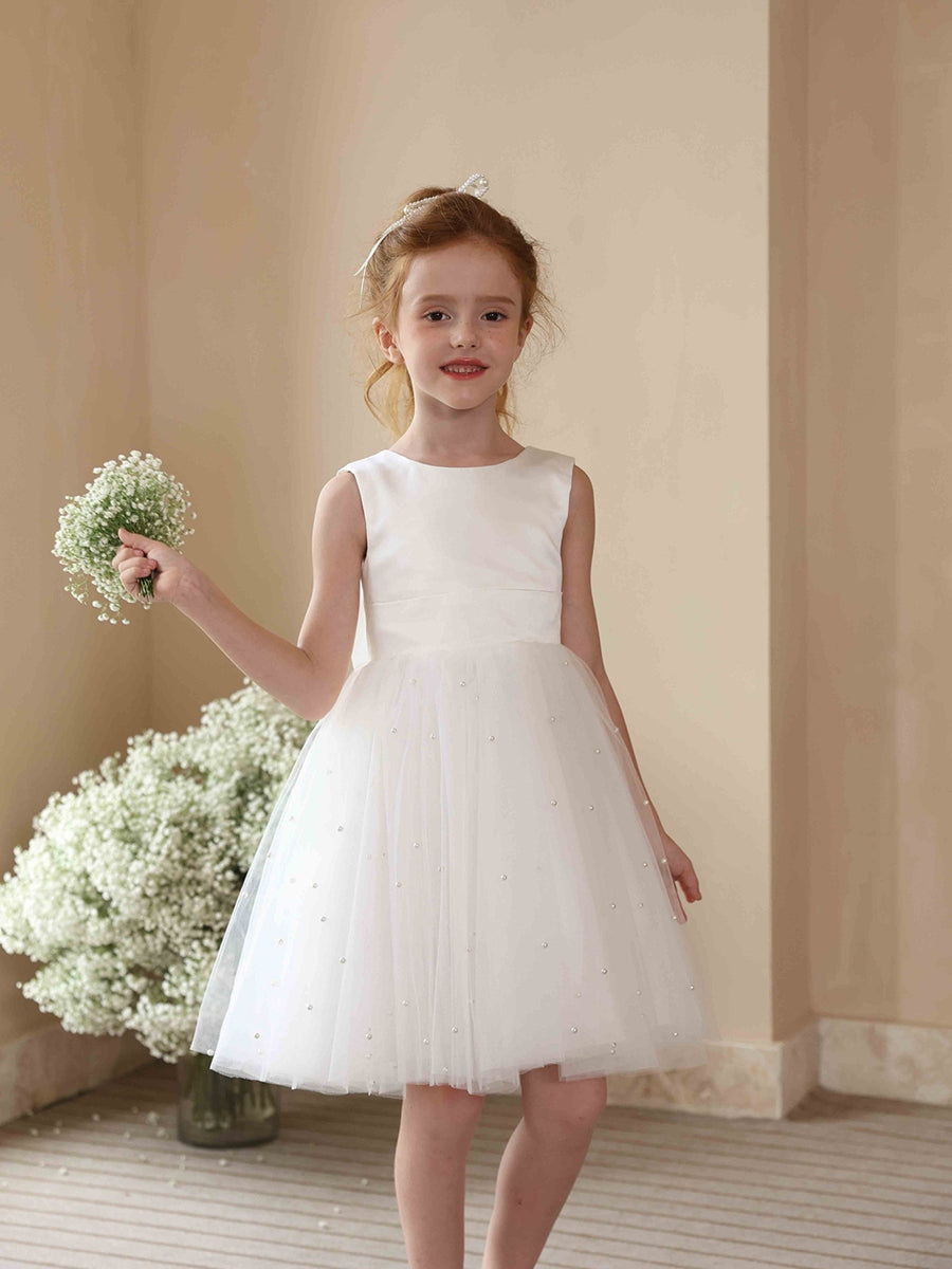 A-Line/Princess Crew Neck Sleeveless Tulle Flower Girl Dresses with Pearls