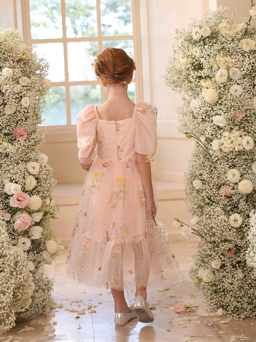 A-Line/Princess Square Neck Puff Sleeves Tulle Flower Girl Dresses with Embroidery