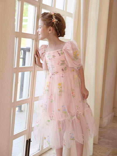 A-Line/Princess Square Neck Puff Sleeves Tulle Flower Girl Dresses with Embroidery