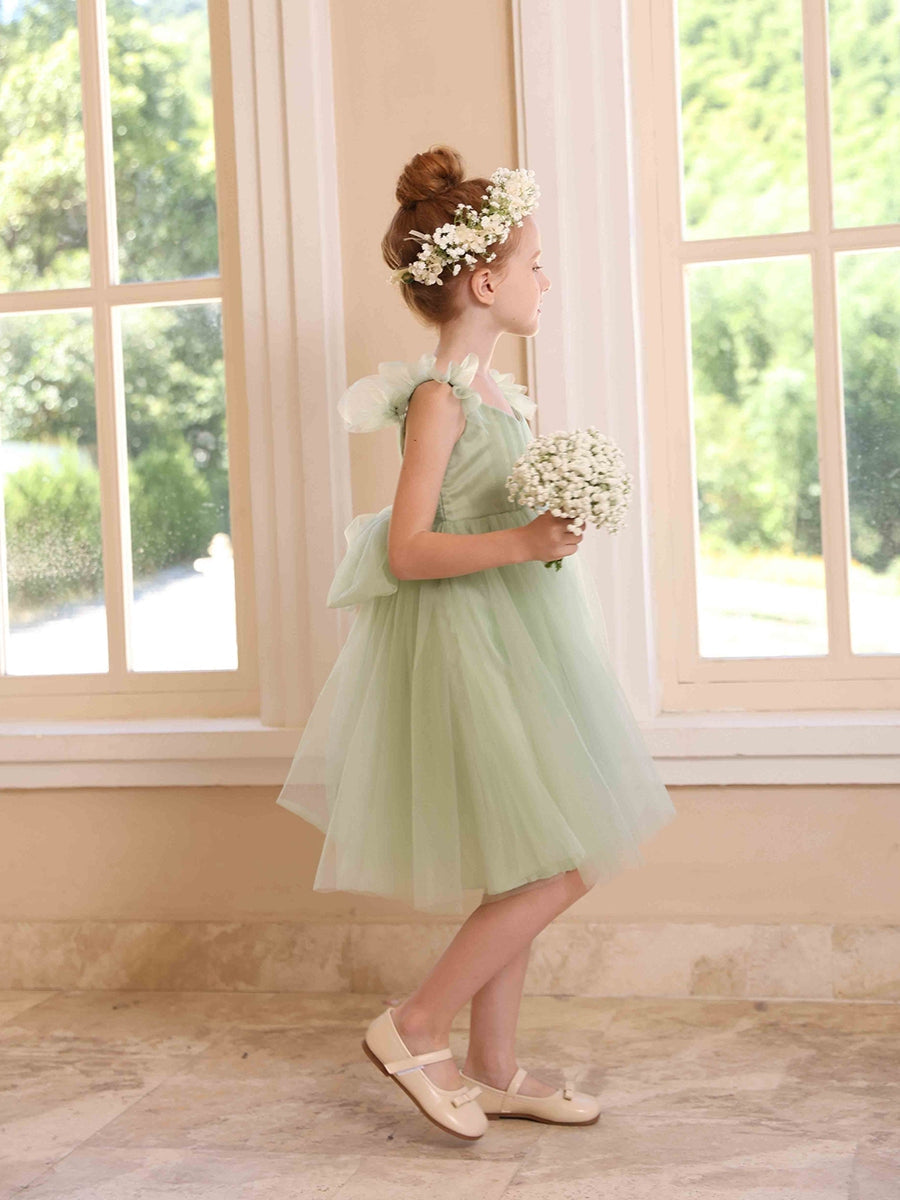 A-Line/Princess V-Neck Flying Sleeves Pleated Tulle Flower Girl Dresses