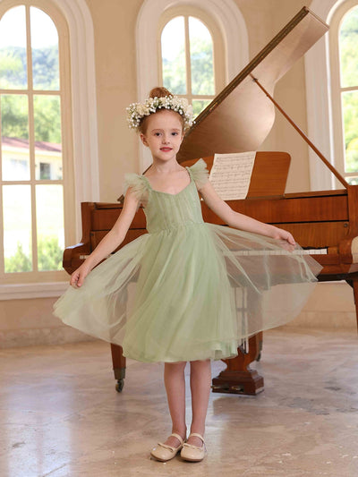 A-Line/Princess V-Neck Flying Sleeves Pleated Tulle Flower Girl Dresses