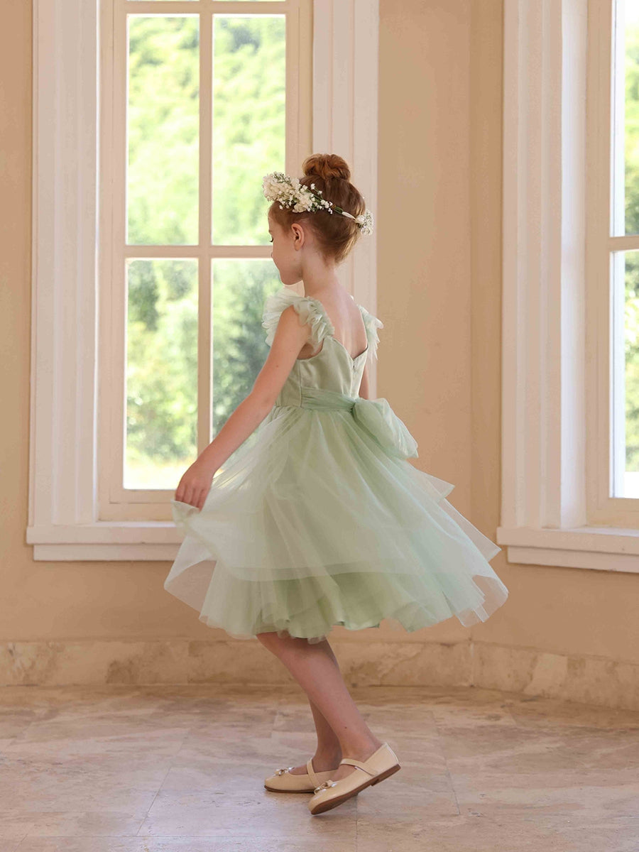 A-Line/Princess V-Neck Flying Sleeves Pleated Tulle Flower Girl Dresses