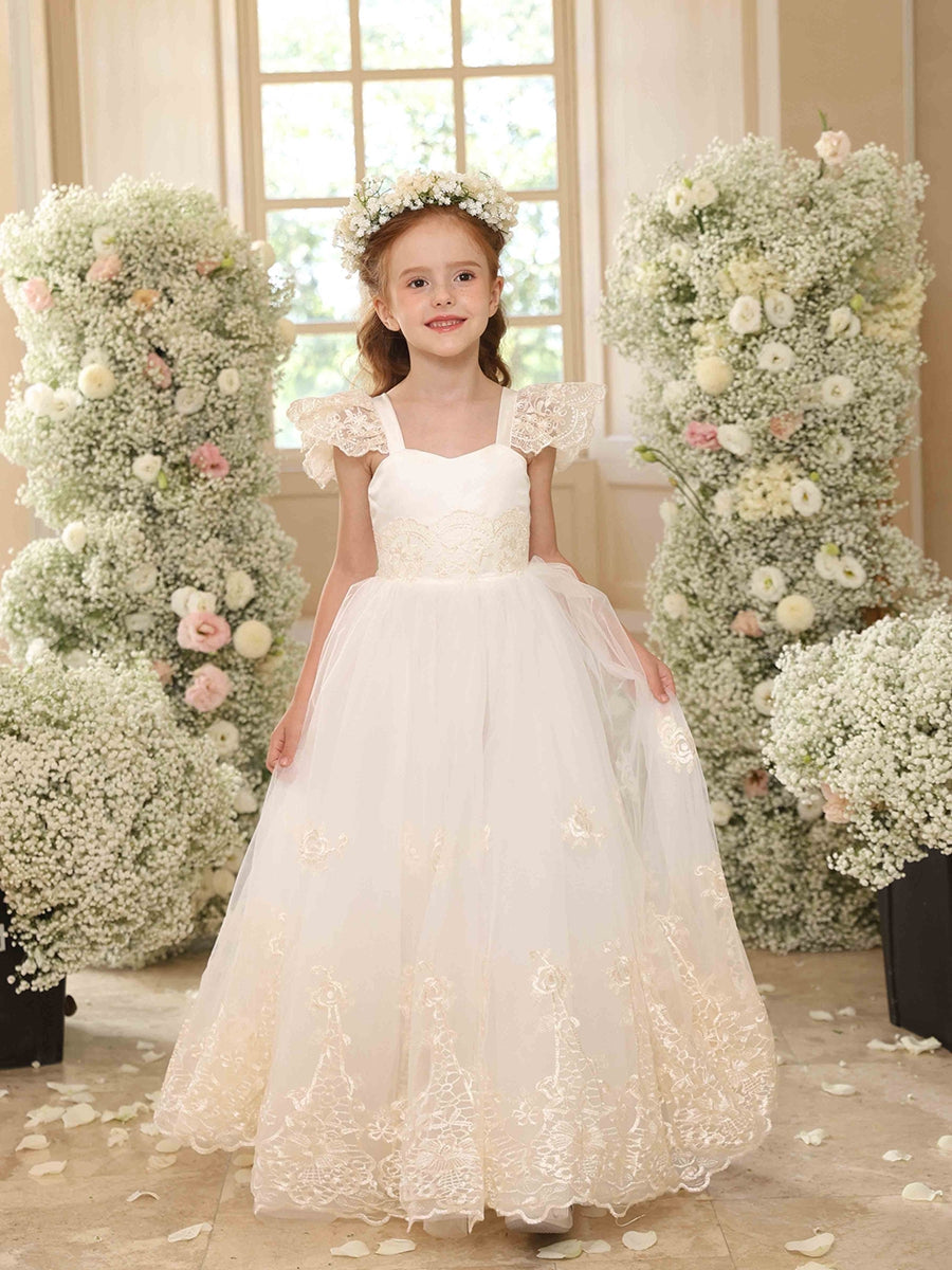 Ball Gown Crew Neck Flying Sleeves Flower Girl Dresses with Applique