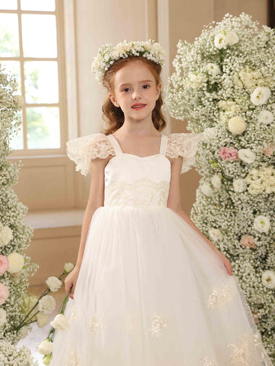 Ball Gown Crew Neck Flying Sleeves Flower Girl Dresses with Applique