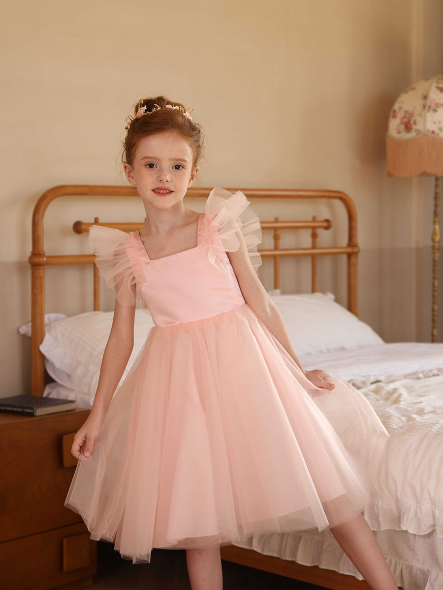 A-Line/Princess Square Neck Flying Sleeves  Flower Girl Dresses with Ruffles