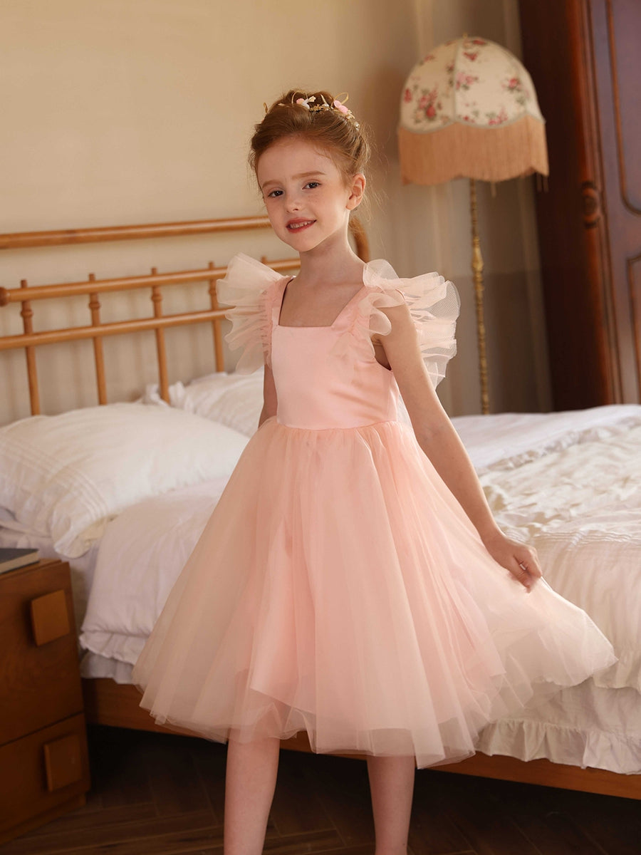 A-Line/Princess Square Neck Flying Sleeves  Flower Girl Dresses with Ruffles