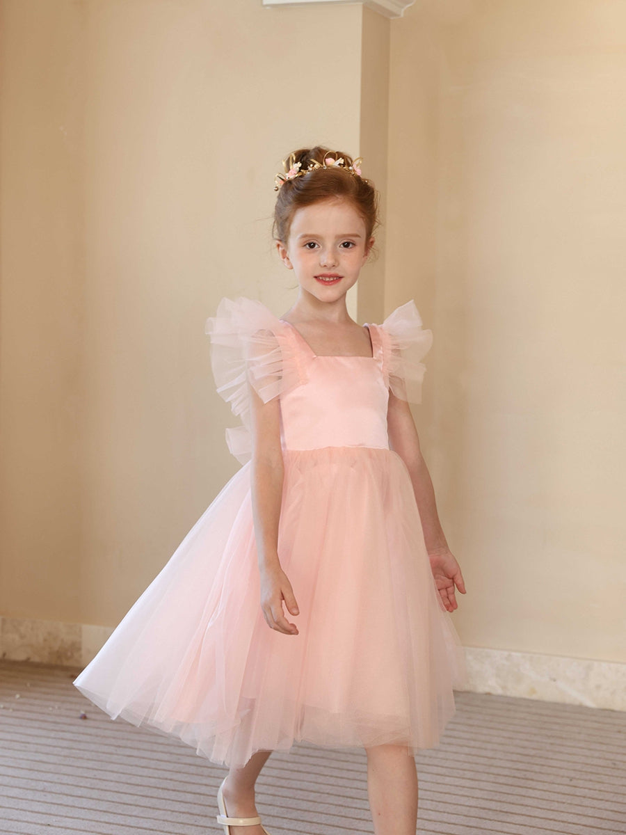 A-Line/Princess Square Neck Flying Sleeves  Flower Girl Dresses with Ruffles