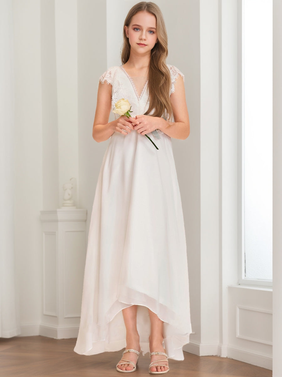 A-Line/Princess V-Neck Short Sleeves Lace Junior Bridesmaid Dresses